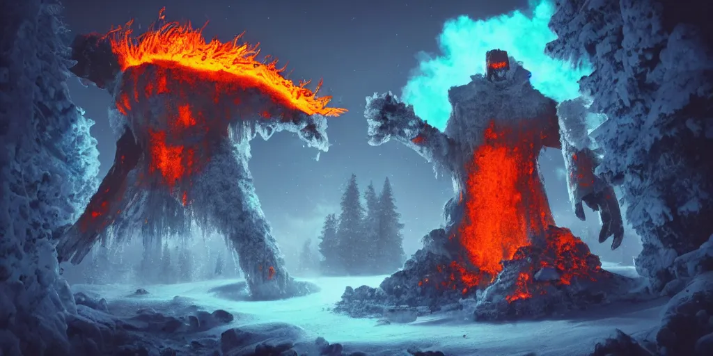 Prompt: giant ice golem, fire, glow, cinematic photo, forest, mountain, video game concept art