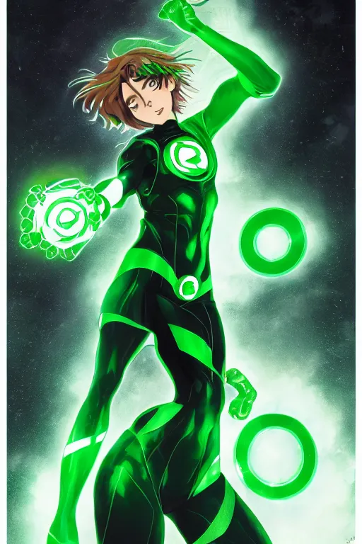 Image similar to anime key visual of a beautiful young female green lantern!! intricate, green and black suit, glowing, powers, dc comics, cinematic, stunning, highly detailed, digital painting, artstation, smooth, hard focus, illustration, art by artgerm and greg rutkowski and alphonse mucha