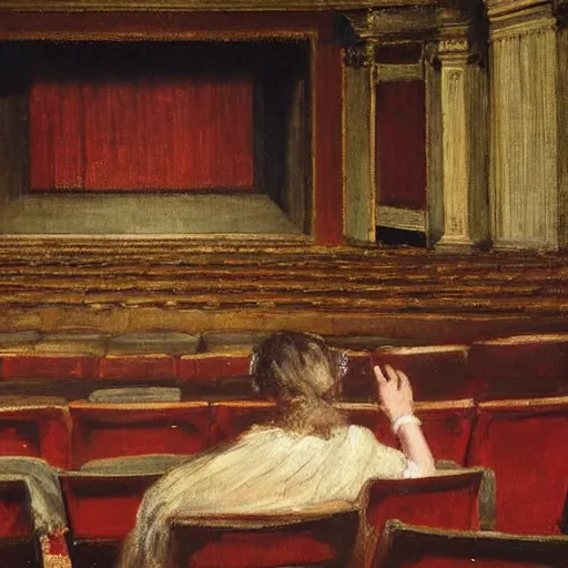 Image similar to a young man watching an actress on stage in an old theater, by alfred stevens