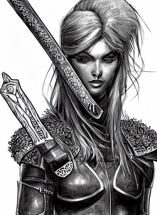 Prompt: a portrait character lineart of a beautiful swordmaiden in leather armor, drawn with pencil, comic art, outlines, intricate, by everton sousa,