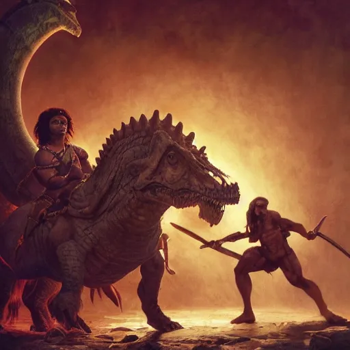 Image similar to Dark Skinned Orc Barbarian slaying a mounted dinosaur in a roman style coliseum, Oil Painting, hyperrealistic, octane render, Detailed Digital Art, RPG scene, William-Adolphe Bouguereau, Michael Cheval, dynamic lighting, Highly Detailed, Cinematic Lighting, 8k, HD