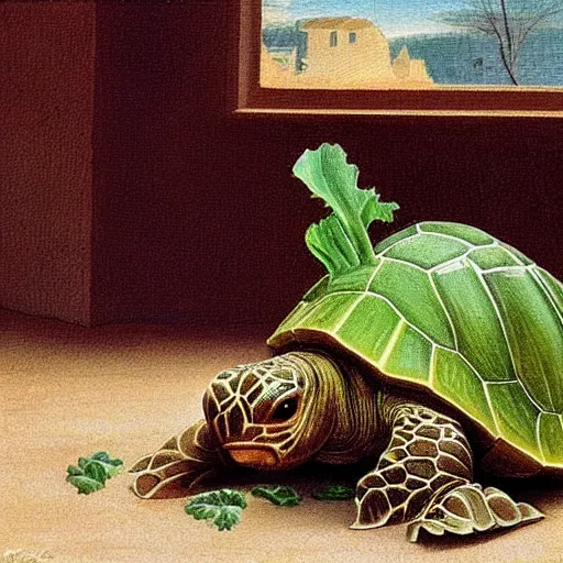 Prompt: Tortoise eating lettuce, art noveau, very detailed