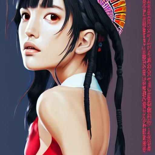 Image similar to a beautiful young japanese natalie portman alluring gravure model, stylized concept art, wearing elegant designer bomber jacket and one piece bikini, bomber jacket with mesoamerican patterns, mesoamerican native street fashion, princess mononoke, painted by ilya kuvshinov aesthetic, gorgeous, stunning, alluring, attractive, artstation, pinterest, digital art