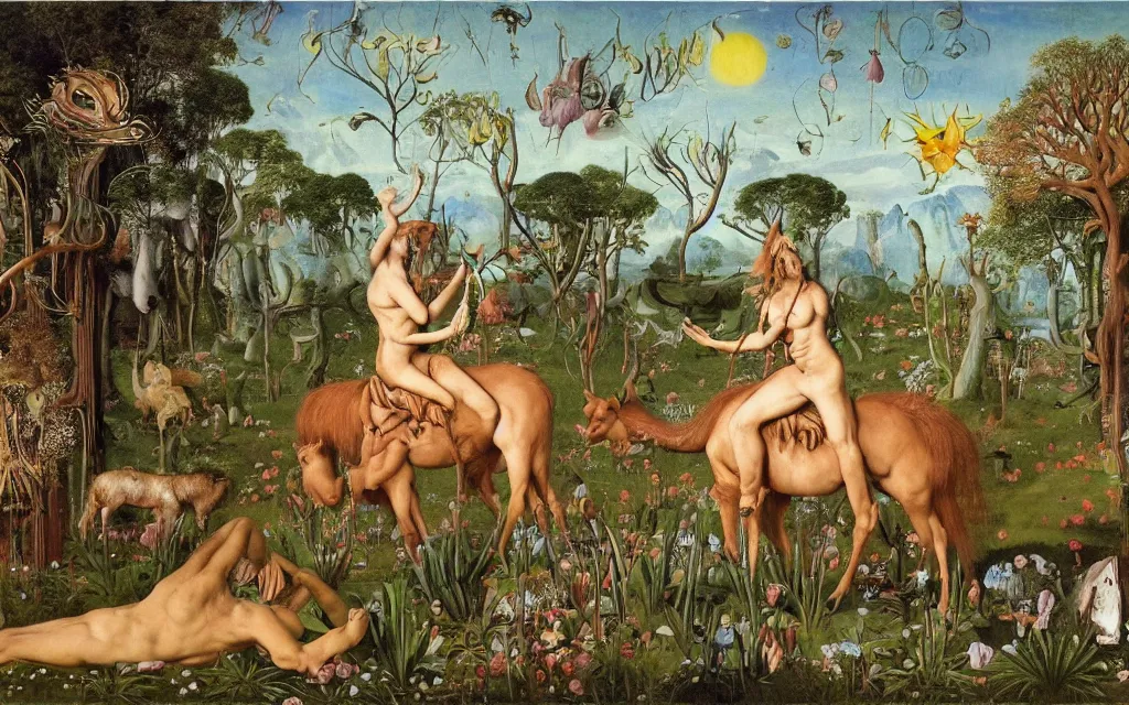 Image similar to photograph of a meditating centaur shaman and a catgirl feeding animals. surrounded by bulbous flowers, animals and a few trees. river delta with dry rocky mountains under a blue sky full of burning stars. painted by jan van eyck, max ernst, ernst haeckel, ernst fuchs and artgerm. trending on artstation, trending on cgsociety