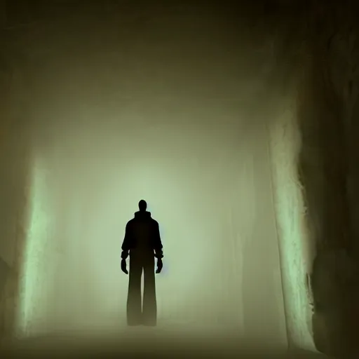 Image similar to silhouette of a man standing on a dark hallway, red light on the behind of the man, creepy atmospheric, unreal engine fantasy art, 8k, trending on artstation, realistic