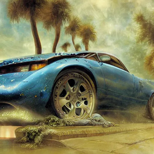 Prompt: car waterpark painting by brain froud, charles vess, cinematic lighting, epic composition, highly detailed