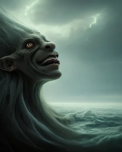 Image similar to a close up portrait of a creepy grotesque sea witch with dark turbulent skies, photorealistic, by jessica rossier, 4 k resolution