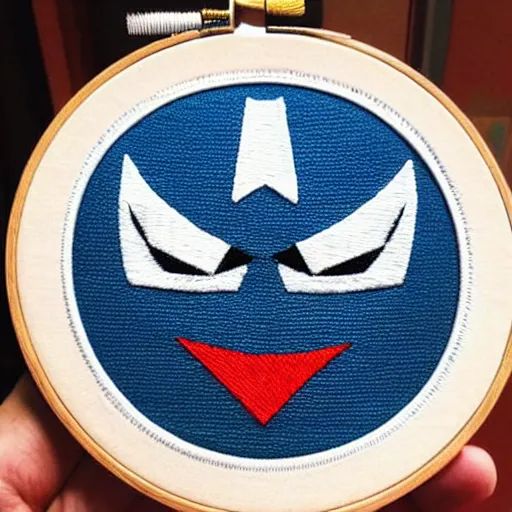 Prompt: a beautiful handmade satin stitch embroidery of a superhero. hand embroidery.