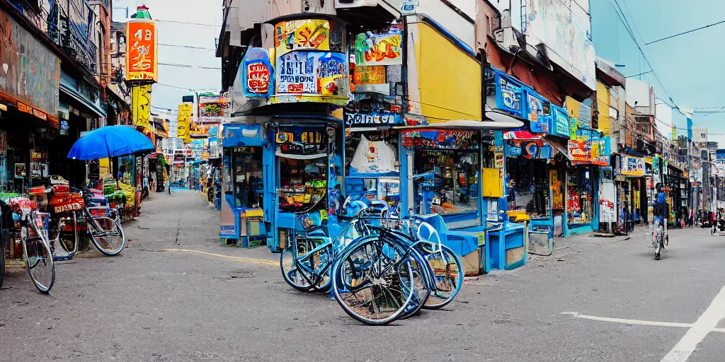 Prompt: City Street, Intersection, Storefront, alleyway, beer advertisement, bicycle in background, blue chairs, blue table, city street lights, clumps of bananas, colored light, colorful umbrella, convenience store, dark blue sky, dingy city street, exiting store, getting groceries, hilly road, korean writing, looking down street, moped, raining, smoking outside, tan suit, wet road, wet street, white shoes, wires hanging above street, wires in background, very high quality photography, dusk, cinematic.