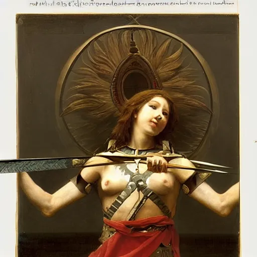 Image similar to portrait of a fully armed skeleton archer with big sword, wearing helmets and armor with wings, symmetrical, solemn, sacred, aura, by bouguereau