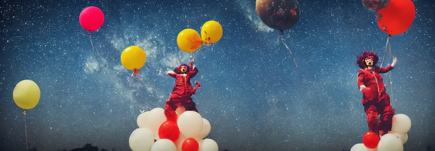 Image similar to a clown and balloons floating in space, entire planet Earth in the background, sky full of stars, inspiring, epic, cinematic, award-winning, highly-detailed