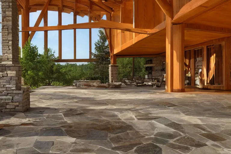 Prompt: patio and entertainment barn by / frank loyd wright /, stone and wood, open, stone floor