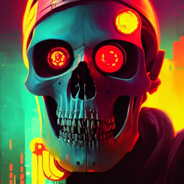 Prompt: a beautiful painting of a cyberpunk metal skull by sachin teng and pascal blanche and ralph mcquarrie and greg rutkowski. in style of conceptual art. ( colorful comic ), ( film noirs ), ( brush stroke ), ( vibrating colors ), hyper detailed. 4 k texture. octane render. trending on artstation