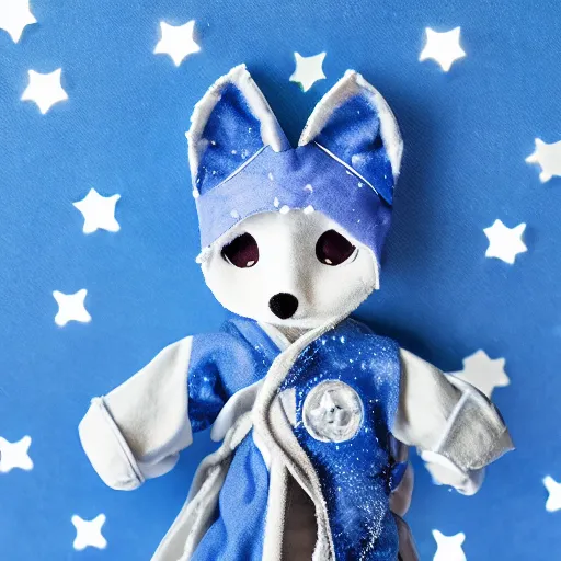 Prompt: stop motion starry blue fox druid wearing magic imbued cotton cloud mage robes with led lights stitched on the fabric to resemble stars, cinematic, cardboard house background, dust particles, god rays, led lights, dungeons and dragons, fantasy art, real life, photograph, national geographic, dynamic camera angle, macro camera shot