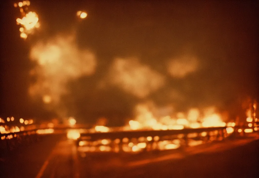 Image similar to lomo photo of a large burning bridge, cinestill, bokeh, out of focus, night, dramatic lighting