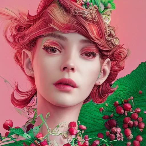 Image similar to the portrait of an absurdly beautiful, graceful, elegant, sophisticated, fashionable young woman made of strawberries and green petals looking up, an ultrafine hyperdetailed illustration by kim jung gi, irakli nadar, intricate linework, bright colors, octopath traveler, final fantasy, unreal engine 5 highly rendered, global illumination, radiant light, detailed and intricate environment