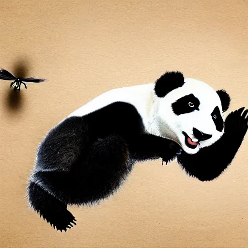 Prompt: A panda fly kicking an attractive French man