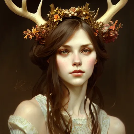 Prompt: A portrait of a girl with large antlers, face, fantasy, intricate, elegant, highly detailed, digital painting, artstation, concept art, smooth, sharp focus, illustration, art by Krenz Cushart and Artem Demura and alphonse mucha