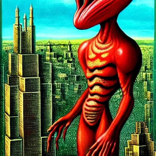 Prompt: A beautiful illustration of a strange, red alien creature looming over a green cityscape. The alien has several eyes and one mouth and its body is covered in scales. It seems to be coming towards the viewer, who is looking up at it in fear. By Max Ernst and Maciej Rebisz