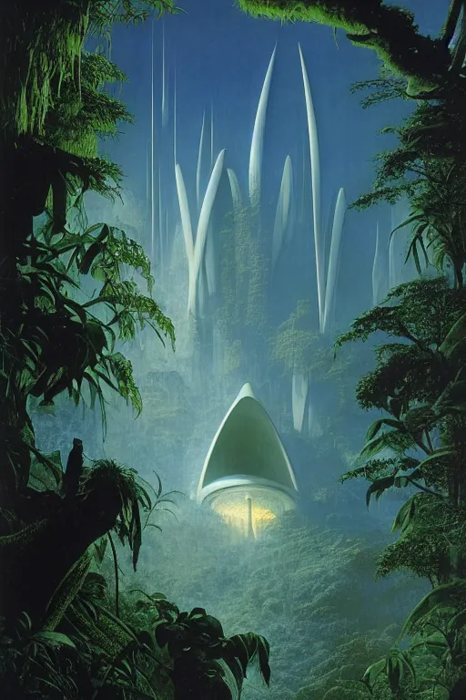 Prompt: emissary space by author haas and bruce pennington and john schoenherr, cinematic matte painting, zaha hadid building in a lush jungle, 8 k, dark color palate