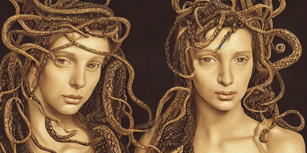 Image similar to realistic portrait of medusa with her snakes, golden, delicate, hyper realism, 1 4 5 0, ink, ultra realistic, 8 k