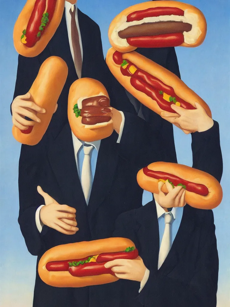 Image similar to Rene Magritte's Son Of Man painting with a hotdog blocking the face, but the man is a large hotdog in a suit and the hotdog has a man's face on it