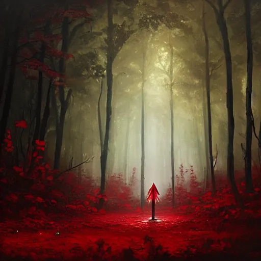 Image similar to A highly detailed oil painting of a blood red, crystal flower glowing bright red in the middle of a dark forest, by Greg Rutkowski.