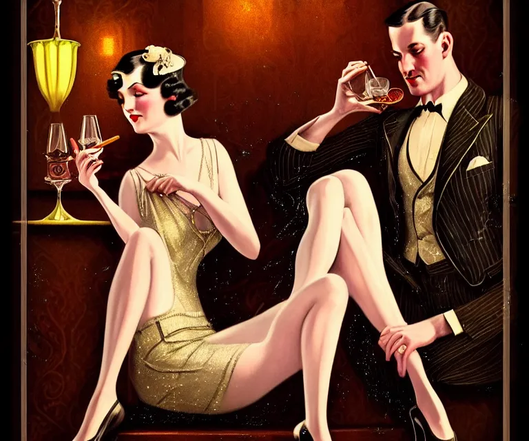 Prompt: a beautiful classy drinking couple, dimly lit upscale 1920s speakeasy, relaxed pose, art deco, detailed painterly digital art style by Rolf Armstrong, retro vibe, 🍸, 8k octane beautifully detailed render, post-processing, extremely hyperdetailed, intricate, epic composition, grim yet sparkling atmosphere, cinematic lighting + masterpiece, trending on artstation, very detailed, vibrant colors, Art Nouveau, masterpiece, romanticism