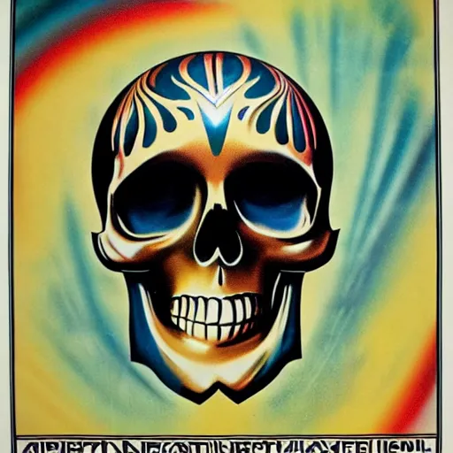 Image similar to 1 9 7 0 s airbrushed poster featuring art deco chrome skull, key light, intricate ornamental designs