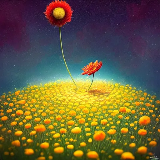 Image similar to by Gediminas Pranckevicius, Not often, but occasionally. A star is born in a flower. Nestled in a soft bed of pollen and petals it can grow in the most unlikely of places. Just waiting for a lucky creature to find it,night star sky background Galaxys, red and yellow flower