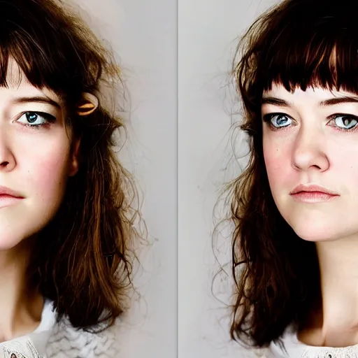 Image similar to a masterpiece portrait photo of a beautiful young women conjoined twins mary elizabeth winstead, symmetrical face