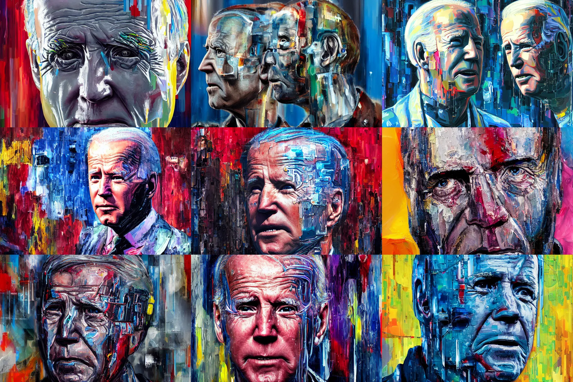 Prompt: profile cybernetic joe biden's face superimposed over the unwashed masses, dystopian, cyberpunk, dripping oil paint, thick brushstrokes, abstracted painterly techniques, high resolution