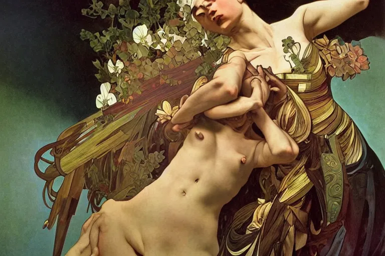 Image similar to Very Highly Detailed Elimination of humanity. Digital concept art by Caravaggio, cyan dimensional light, Many Details by Alphonse Mucha