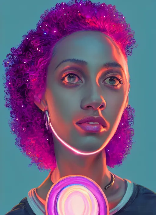 Image similar to portrait of teenage vanessa morgan with bright pink hair, black girl, curly pixie cut hair, wearing a purple breton cap, breton cap, hoop earrings, intricate, elegant, glowing lights, highly detailed, digital painting, artstation, concept art, smooth, sharp focus, illustration, art by wlop, mars ravelo and greg rutkowski