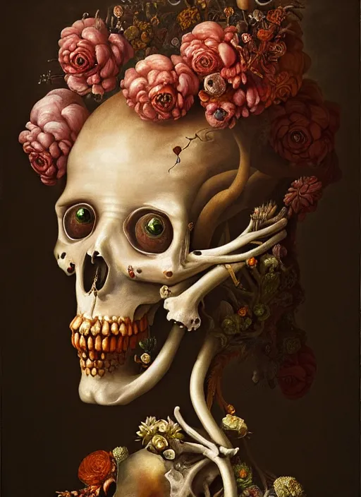 Image similar to strange, looming head, biomorphic painting of a woman with large eyes, wearing a crown of flowers and bones, deep rich colours by, rachel ruysch, and charlie immer, highly detailed, emotionally evoking, head in focus, volumetric lighting, oil painting, timeless disturbing masterpiece