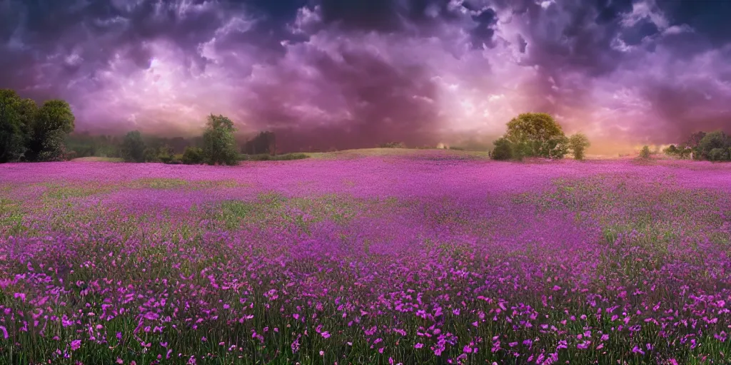 Prompt: field of green daisies, purple sky in background, matte painting