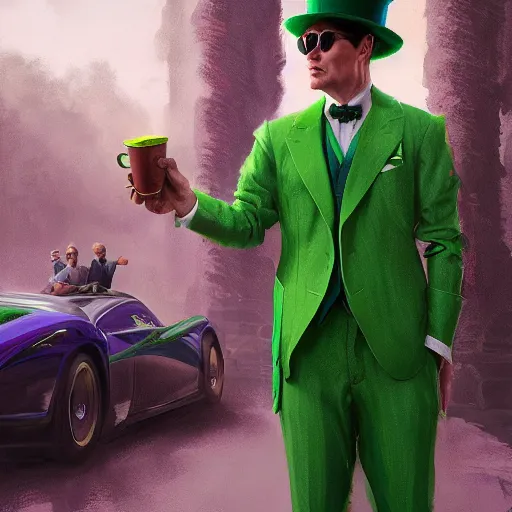 Prompt: man, Wearing green suit, Wearing green tophat, wearing purple undershirt, wearing shades, drinking tea, by Viktor Antonov, Stanley Artgerm Lau, greg rutkowski, fantasy, D&D, trending on artstation, smooth, sharp focus