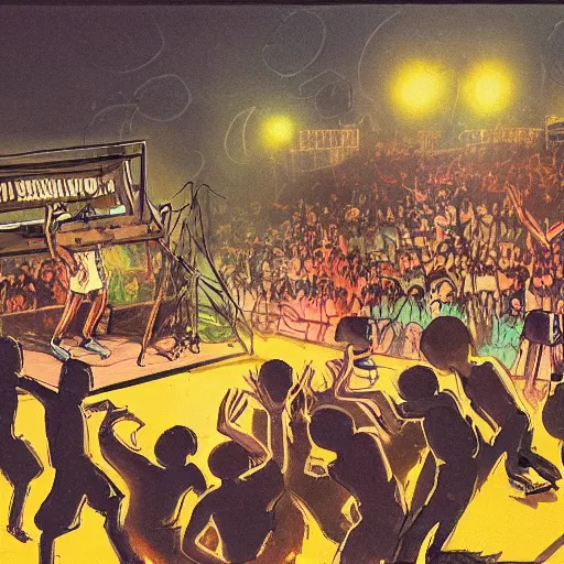 Prompt: concept art of an old school hip hop concert taking place on a basketball court behind a large brick apartment at night, many people dancing with their hands in the air, a rapper is standing on stage yelling into the mic, a dj with audio equipment at the back of the stage, in the style of frank frazetta