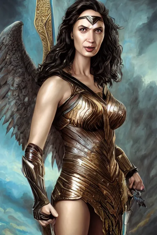 Prompt: A fantasy comic book style portrait painting of, hybrid of Gal Gadot, Emily Blunt, as an Atlantean, Reptilian Warrior, Mystical Valkyrie, Armor, Sword, Archer Bow, Spear, Sheild, François Boucher, Oil Painting, unreal 5, DAZ, hyperrealistic, octane render, Regal, Refined, Coherent, Detailed Digital Art, RPG portrait, William-Adolphe Bouguereau, Michael Cheval, Walt Disney (1937), Steampunk, dynamic lighting, Highly Detailed, Cinematic Lighting, Unreal Engine, 8k, HD