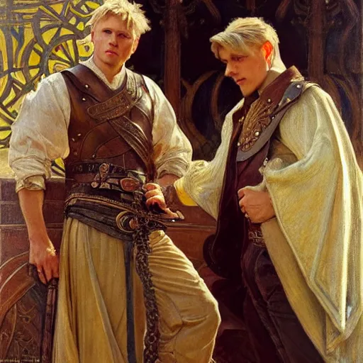 Image similar to manly arthur pendragon and manly merlin. focus on their faces. highly detailed painting by gaston bussiere, j. c. leyendecker, alphonse mucha, greg rutkowski, 8 k