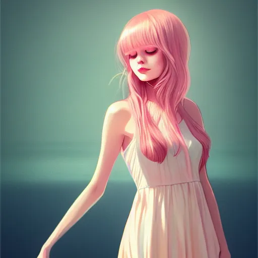 Image similar to adult female in summer dress art, pastel light pink very long hair, muted colors, matte print, pastel colors, ornate, digital art, digital painting, fan art, elegant, artstation, head is centered, by Ilya Kuvshinov