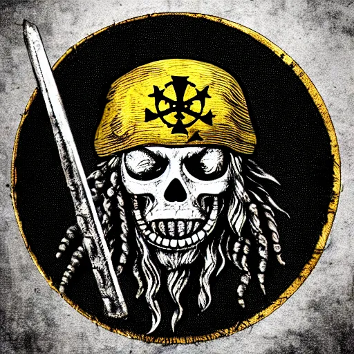 Image similar to a potrait of pirates, king of pirates, gold teeth, crazy hair, wearing armor, flag on his back, 1 6 0 0 century, black beard, one piece, photo realistic, in a circle, nft style, dust, grain, scretch on picture, noise, deep focus, high detail