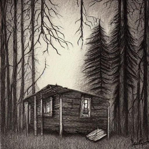 Prompt: a drawing of a eerie cabin in the middle of the woods in the style of beksinski