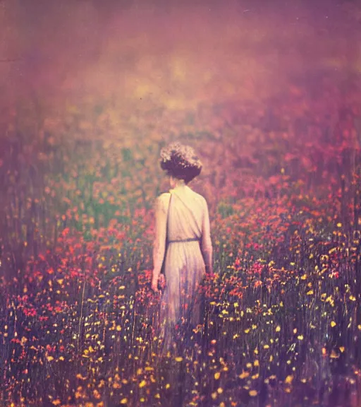 Image similar to mystical death god standing in tall meadow of flowers, distant, vintage film photo, grainy, high detail, high resolution