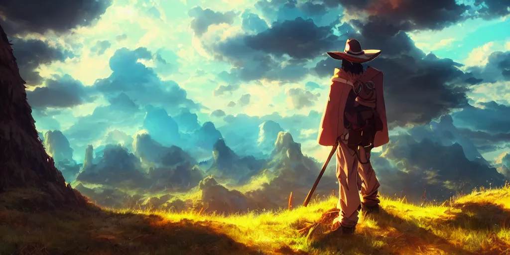 Prompt: isekai masterpiece anime man standing tree log looking up at colossal cyan crystals, high noon, cinematic, very warm colors, intense shadows, ominous clouds, anime illustration, anime screenshot composite background by mandy jurgens