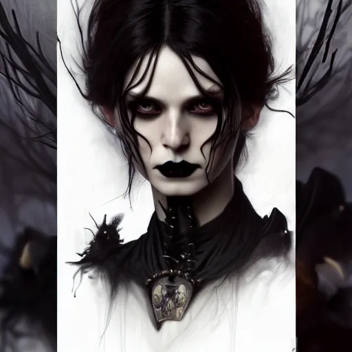 Prompt: portrait painting of an androgynous witch with shoulder length flowing black hair pale skin and beautiful dark brown eyes wearing goth clothes, ultra realistic, concept art, intricate details, eerie, highly detailed, photorealistic, octane render, 8 k, unreal engine. art by artgerm and greg rutkowski and alphonse mucha