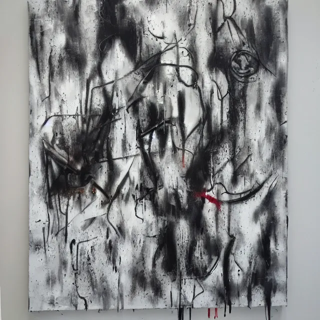 Image similar to grey vegetables, charcoal, fire extinguisher, black burnt cotton, neo - expressionism, surrealism, acrylic and spray paint and oilstick on canvas