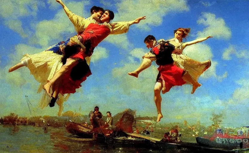 Image similar to high quality high detail painting by ilya repin, a couple flying, hd