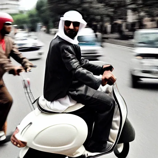 Image similar to a rich arab prince riding a vespa in heavy traffic