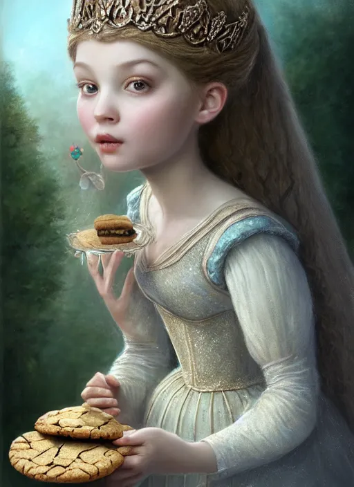 Image similar to highly detailed closeup portrait of a fairytale medieval princess eating cookies, unreal engine, nicoletta ceccoli, mark ryden, lostfish, earl norem, global illumination, god rays, detailed and intricate environment